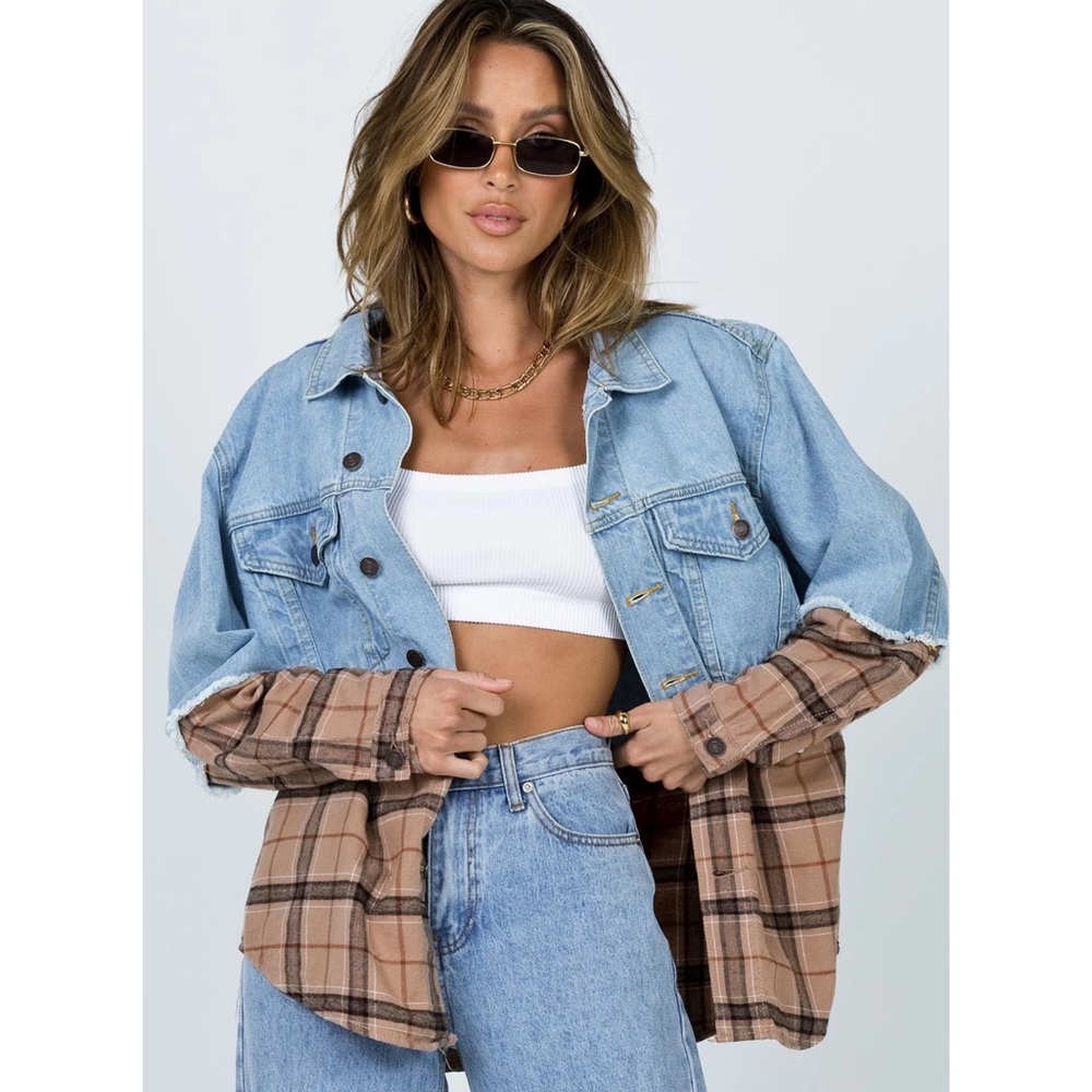 Princess Polly Larkin Denim Jacket Beige Check